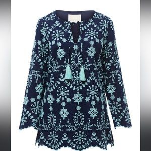 Sail to Sable - Navy Tunic with Aqua Embroidery and Scalloped Hem - Bohemian Top